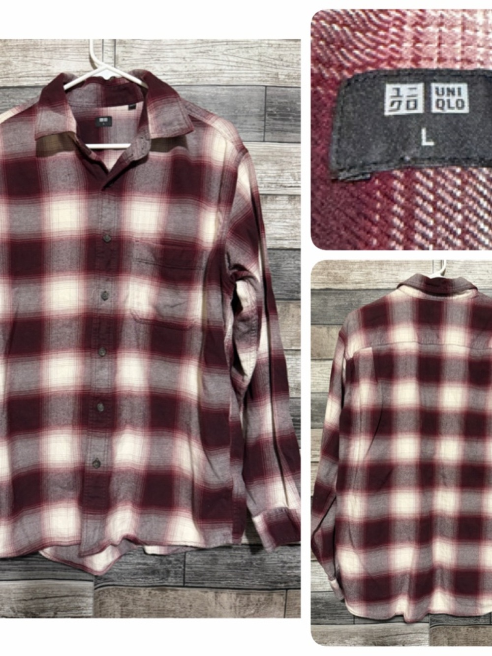 Uniqlo Relaxed Flannel Shirt Men’s L Burgundy Red Plaid Button Up 100% Cotton